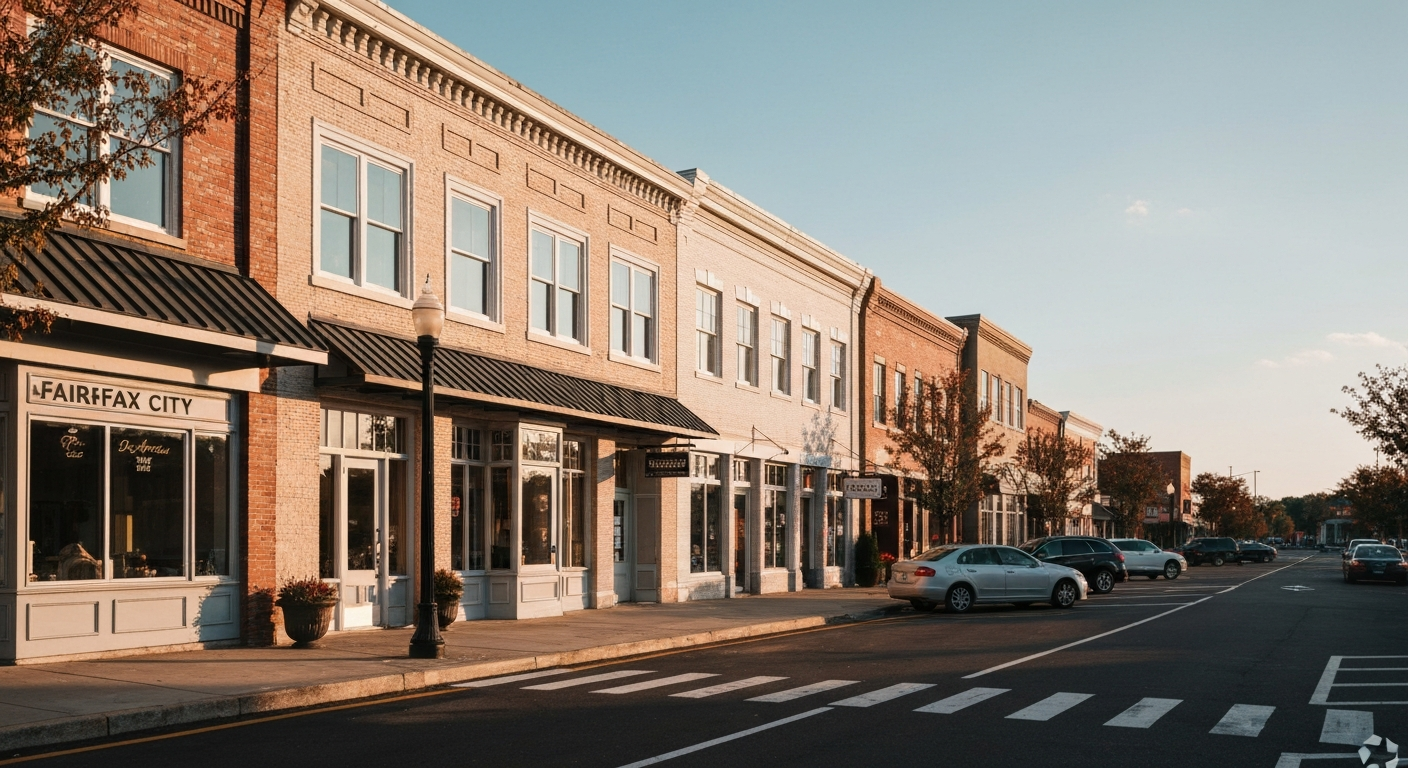 Old Town Fairfax City Virginia showing the independent city downtown where businesses operate under separate licensing from Fairfax County