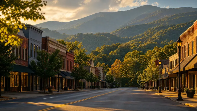 Small mountain-valley main street with brick storefronts and forested Blue Ridge ridgelines behind, golden afternoon, Salem VA Business License