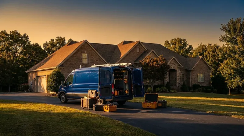 Service van and equipment outside a suburban home, How to Start a Pest Control Business in Virginia