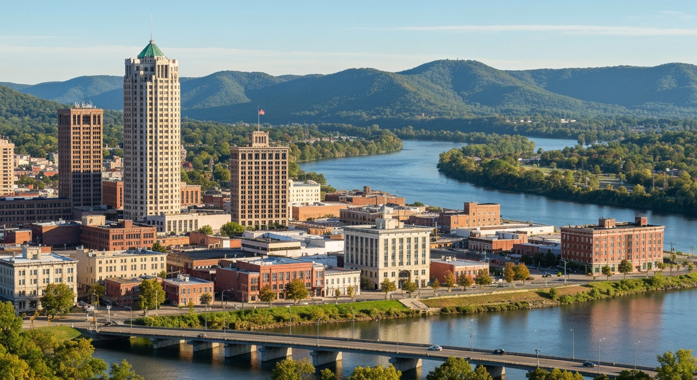 Lynchburg Virginia skyline showing the Hill City downtown along the James River with Blue Ridge foothills in the background