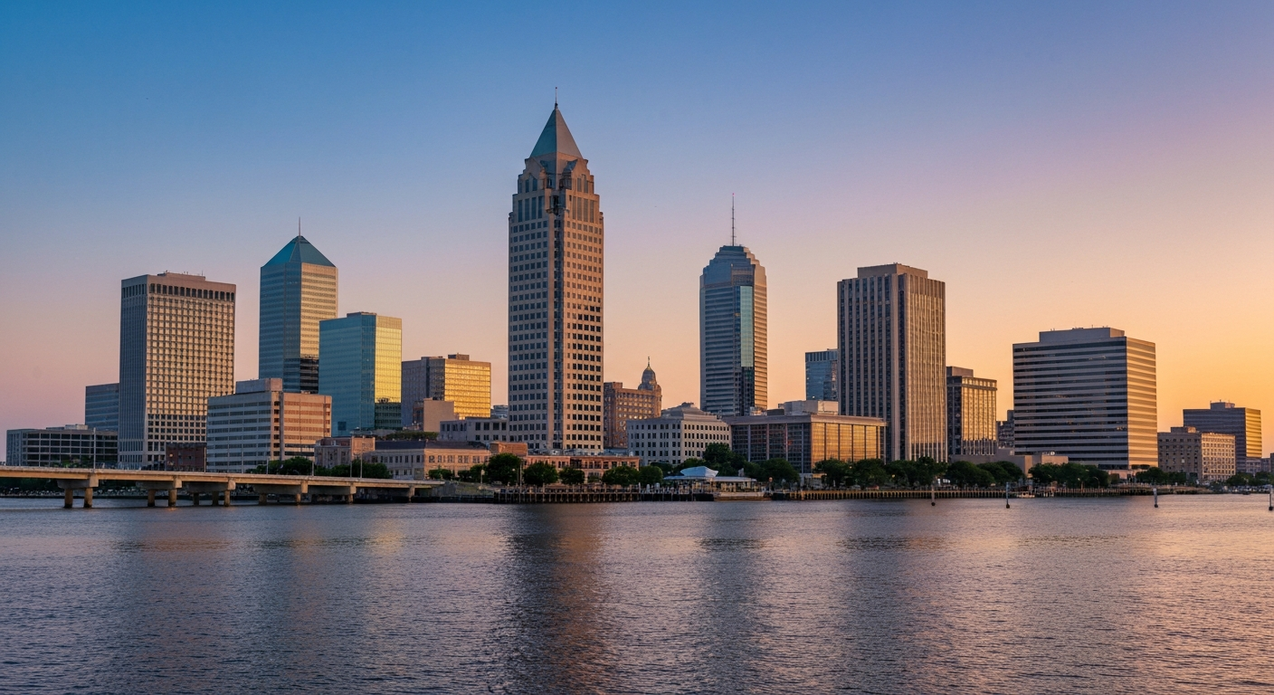 Norfolk Virginia waterfront skyline at dusk showing the growing business district along the Elizabeth River
