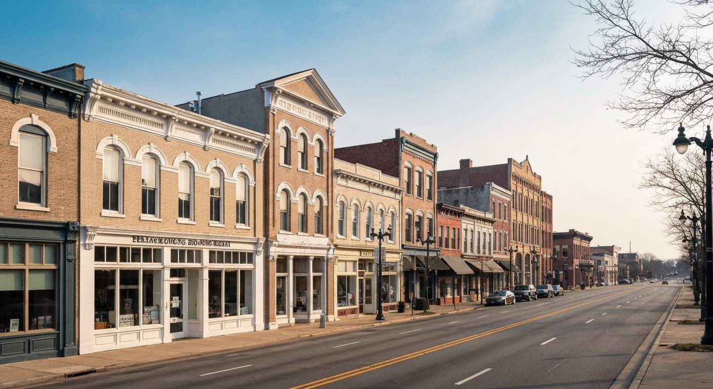Petersburg Virginia downtown showing revitalization progress with restored historic buildings near the I-95 and I-85 junction