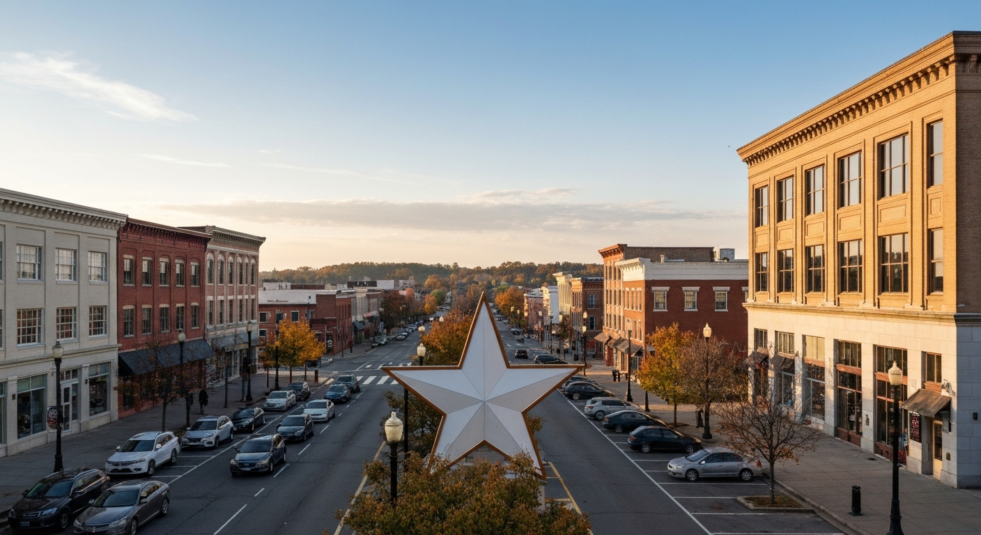 Downtown Roanoke Virginia with Mill Mountain star visible showing the Blue Ridge city where entrepreneurs launch businesses