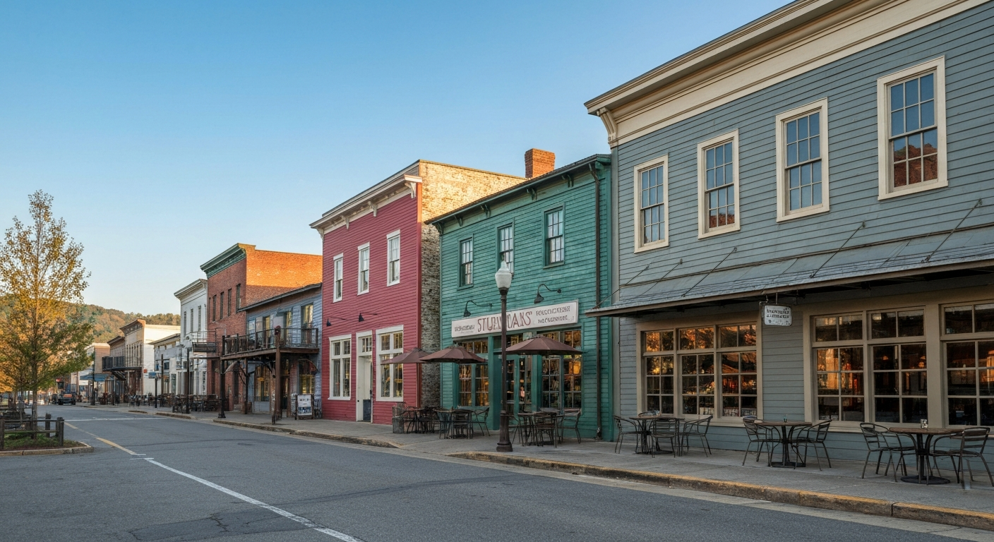 Staunton Virginia Wharf Historic District showing restored warehouses converted to restaurants and shops in the Shenandoah Valley