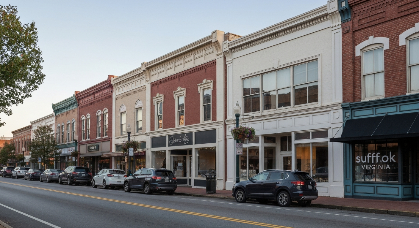 Downtown Suffolk Virginia Main Street showing the historic commercial district in Virginia largest city by land area
