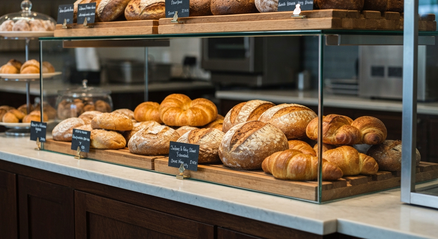 Artisan bakery display case with fresh bread and pastries — how to start a bakery business in Virginia