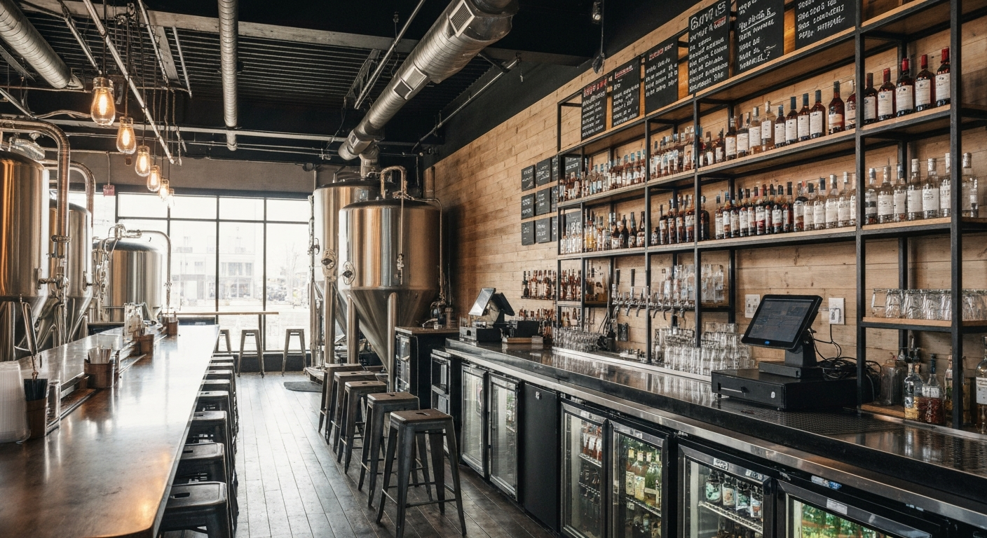 Craft brewery taproom interior in Virginia with brewing equipment and bar counter