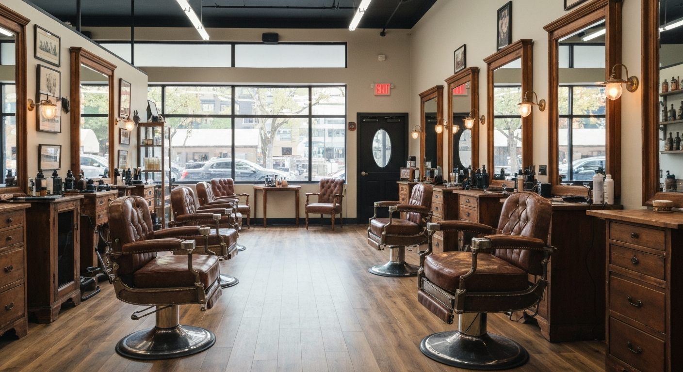 Classic barbershop interior with leather chairs and vintage styling in Virginia
