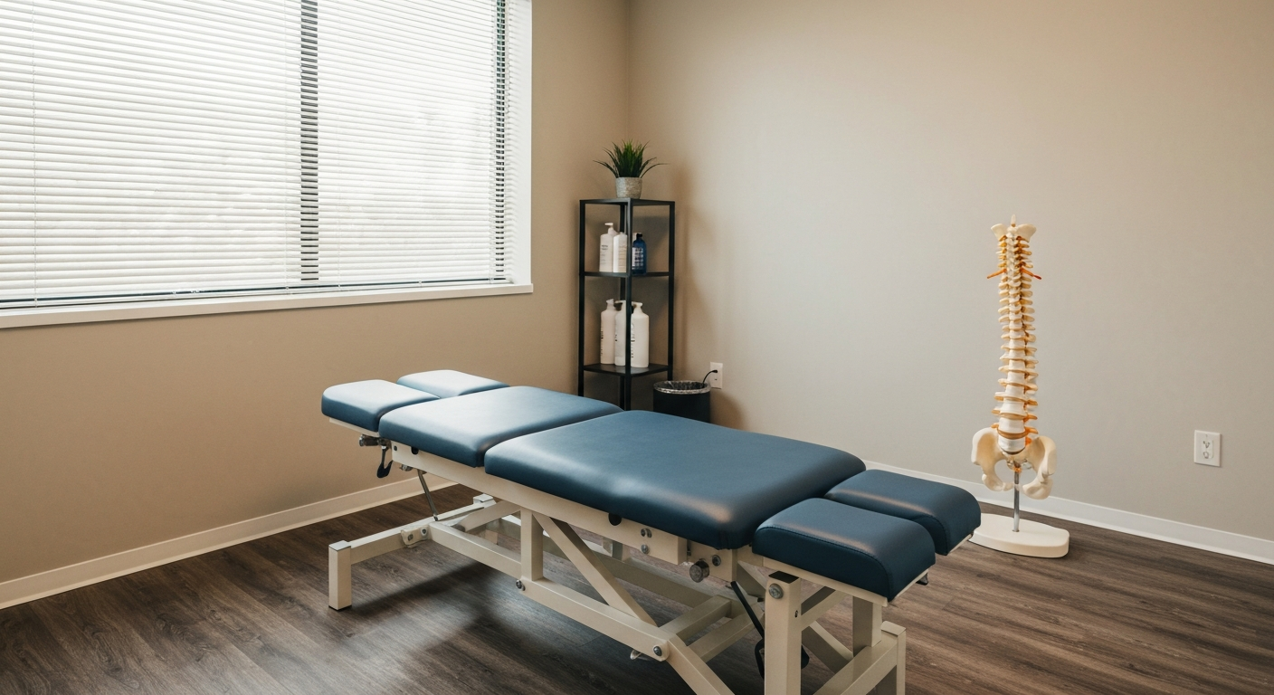Modern chiropractic treatment room with adjustment table and spine model