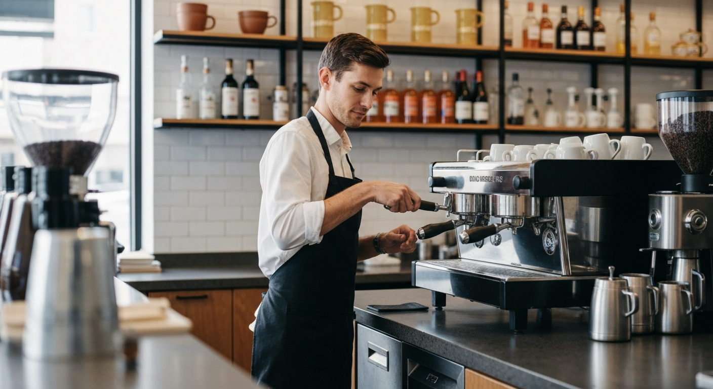 Barista pulling espresso in a modern Virginia coffee shop — how to start a coffee shop business in Virginia
