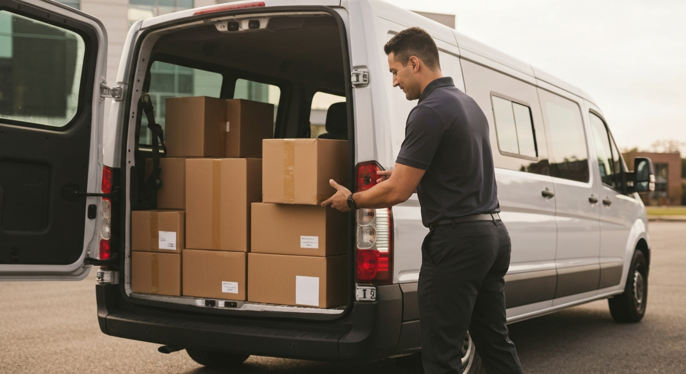Courier loading delivery packages into a cargo van — how to start a courier delivery service in Virginia