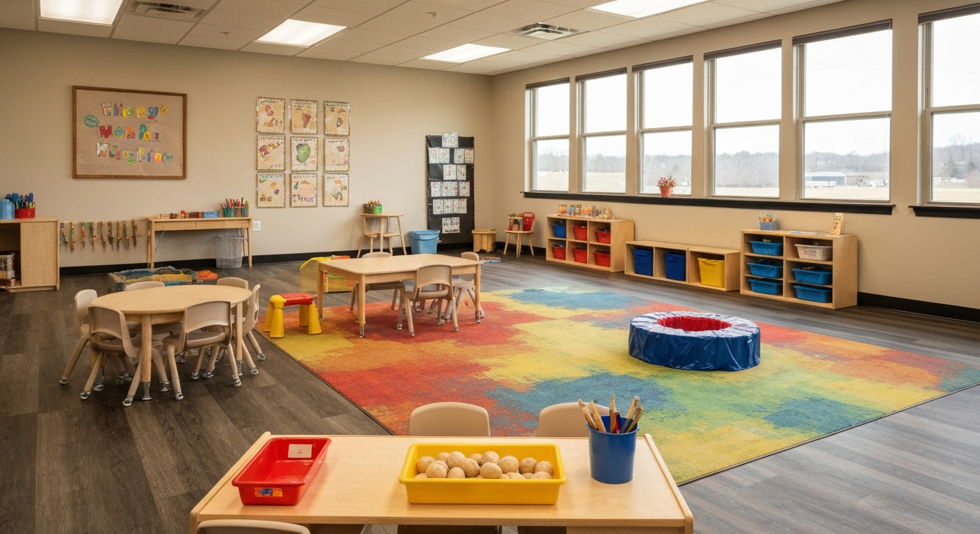 Colorful daycare classroom interior set up for childcare business in Virginia