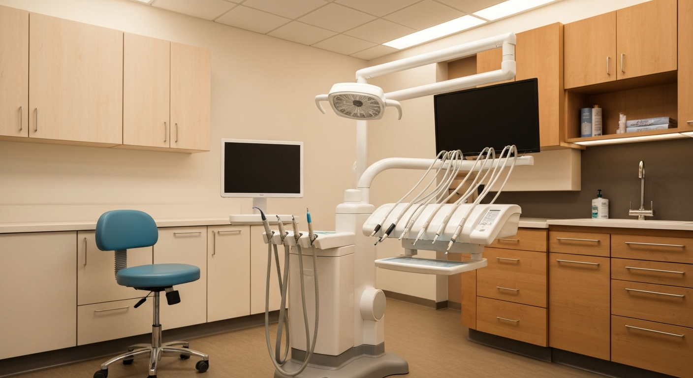 Modern dental office operatory with equipment and clean clinical design