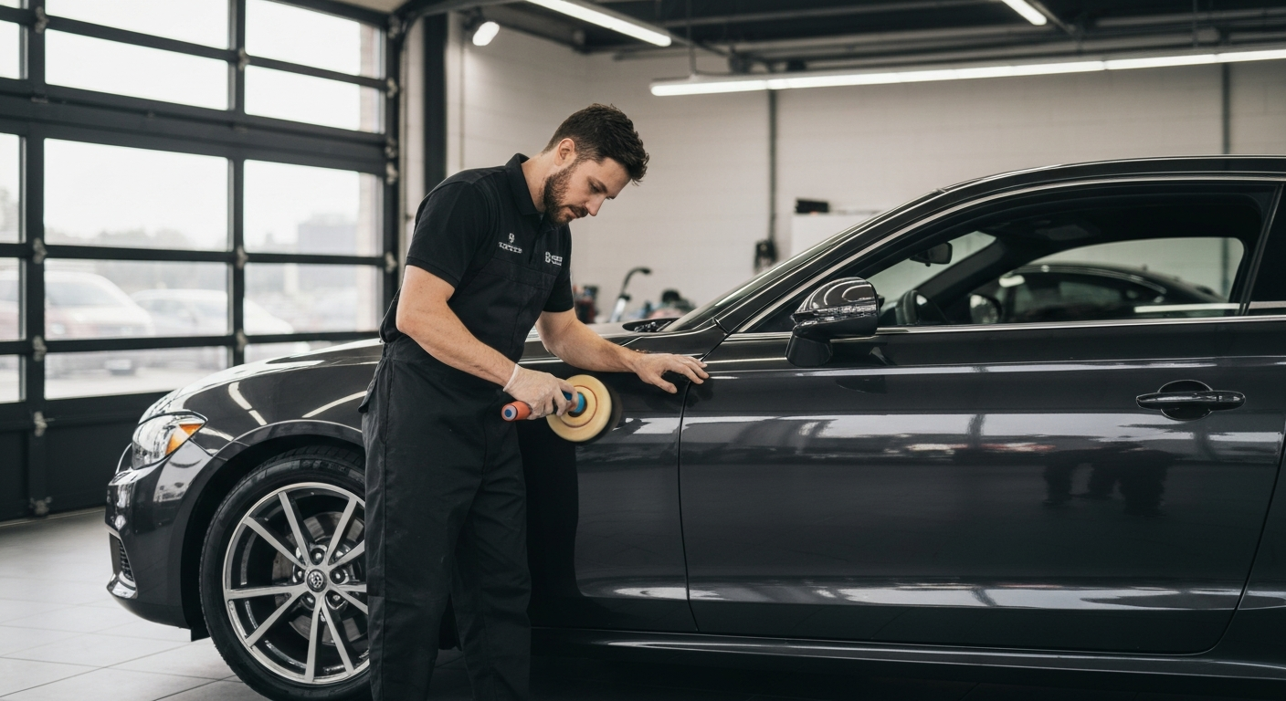Auto detailer polishing a car in a professional shop — how to start an auto detailing business in Virginia
