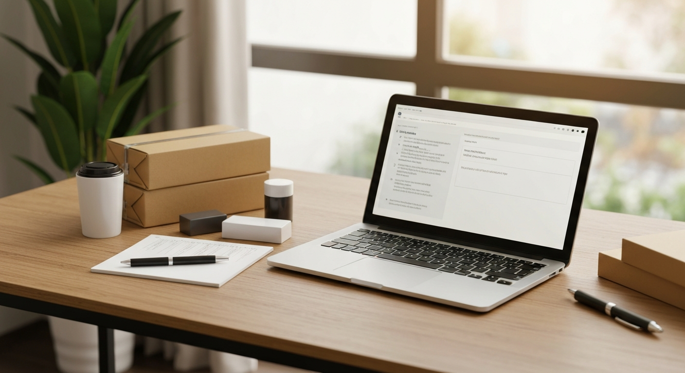 Home ecommerce workspace with laptop, shipping supplies, and products