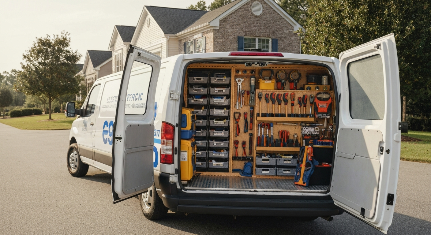 Electrician's service van with organized tools at a Virginia residential home