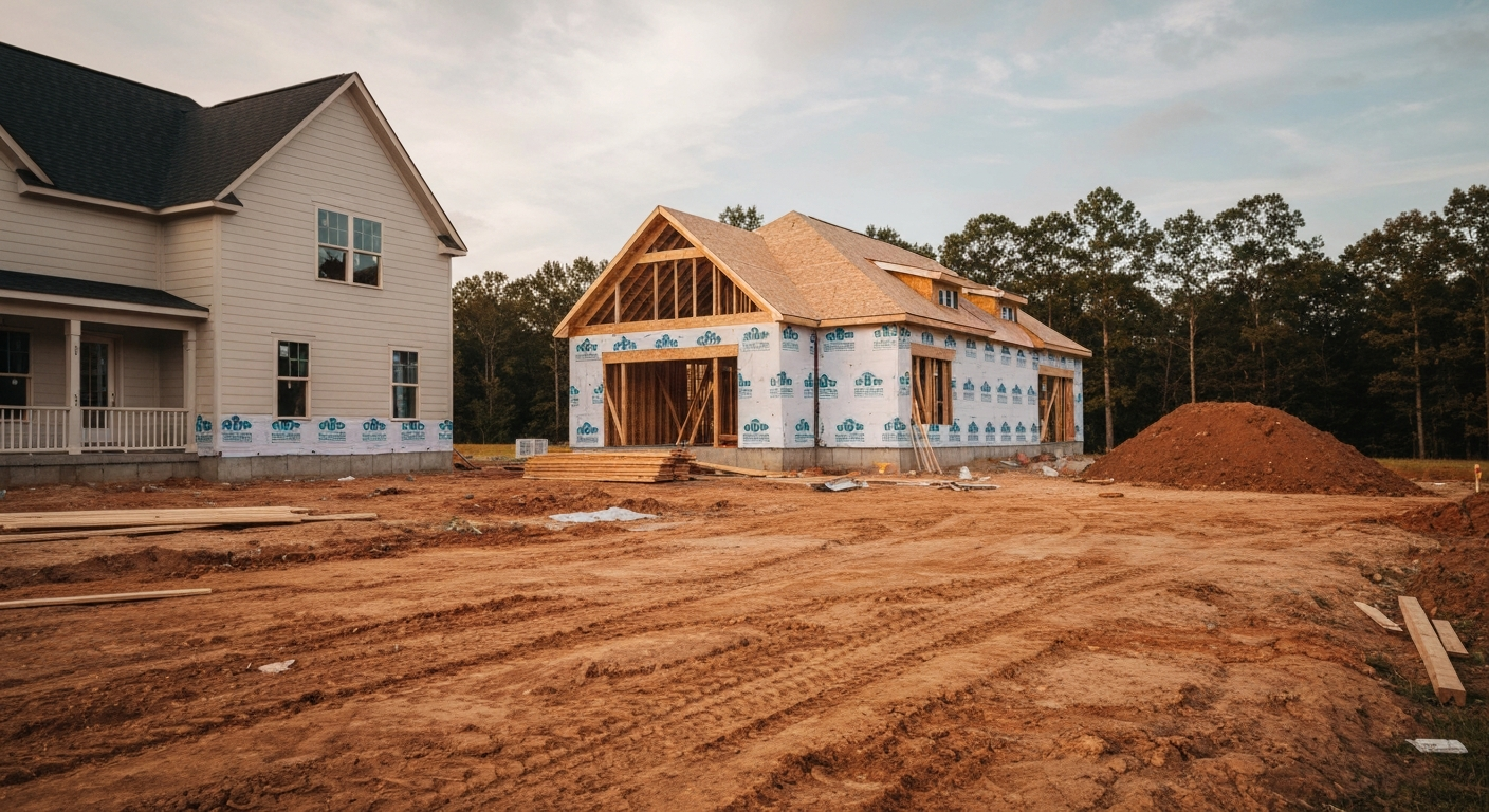 Residential construction site in Virginia with a home under construction
