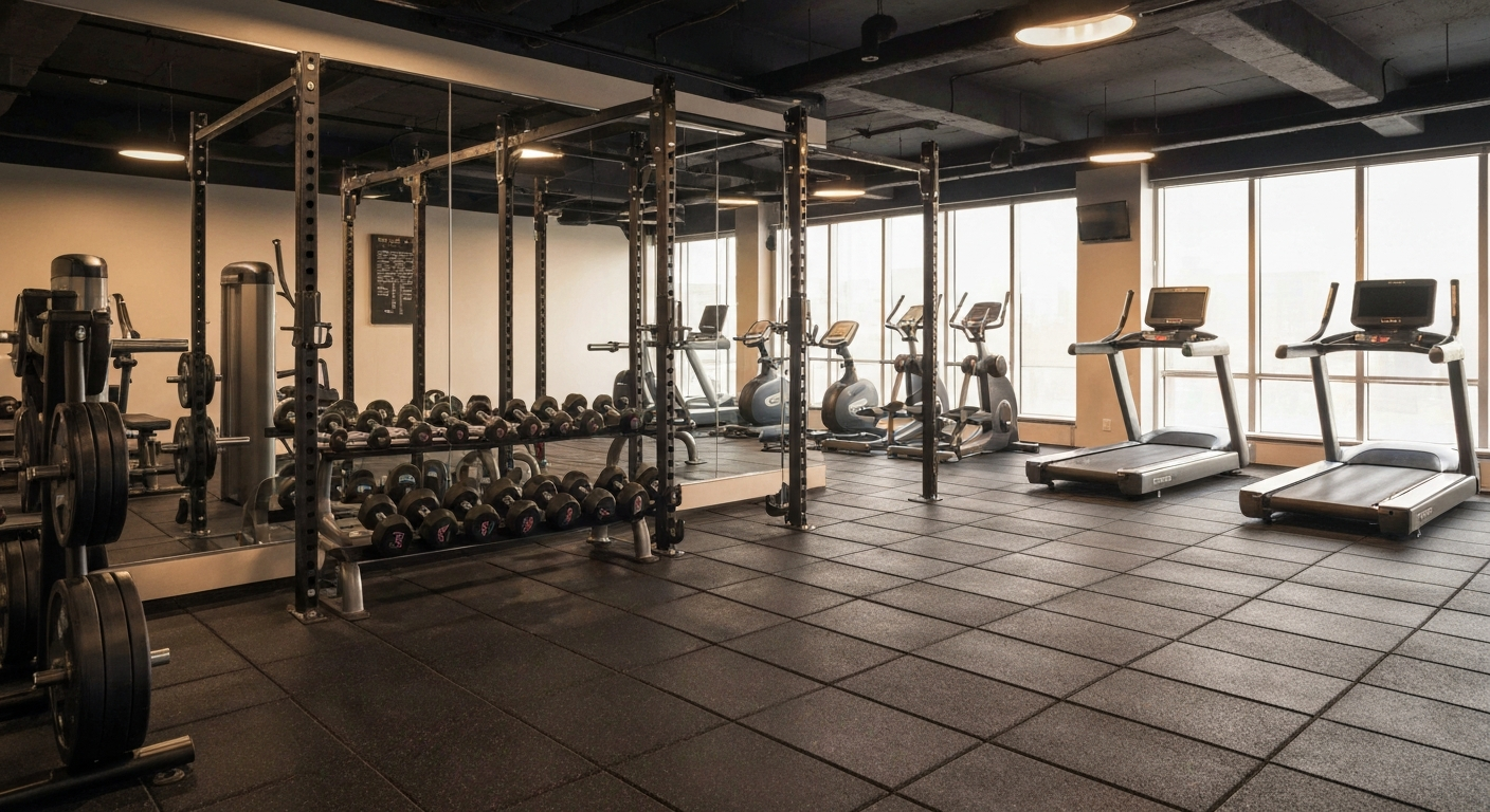 Modern fitness studio interior with weights and cardio equipment