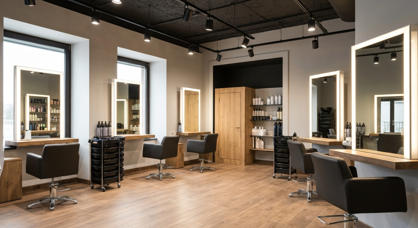 Modern hair salon interior with styling stations and professional equipment
