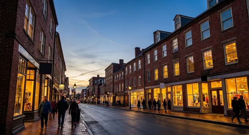Virginia main street at dusk with warm storefront lights