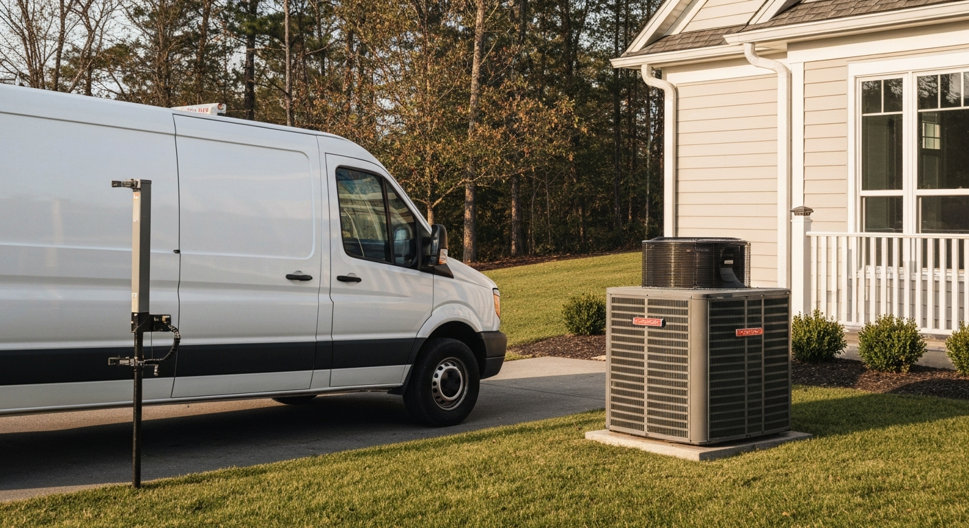 HVAC service van and outdoor condenser unit at a Virginia residential home