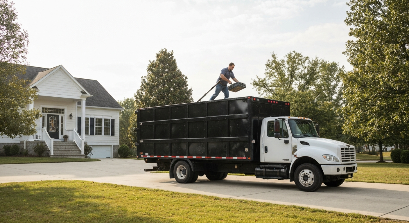 Junk removal truck being loaded in a Virginia residential driveway