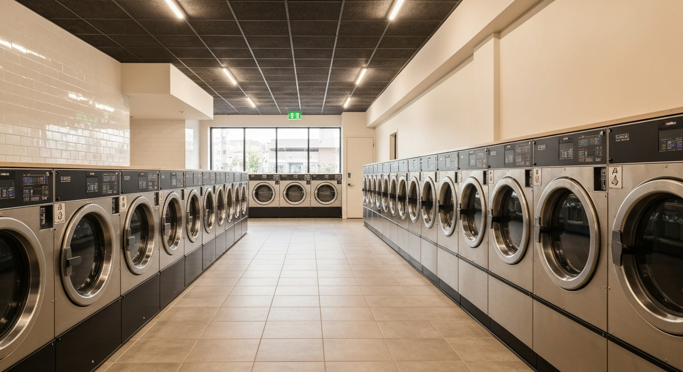Modern laundromat interior with rows of commercial washers and dryers