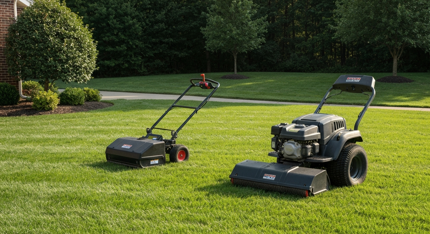 Professional lawn care equipment on a manicured Virginia residential lawn