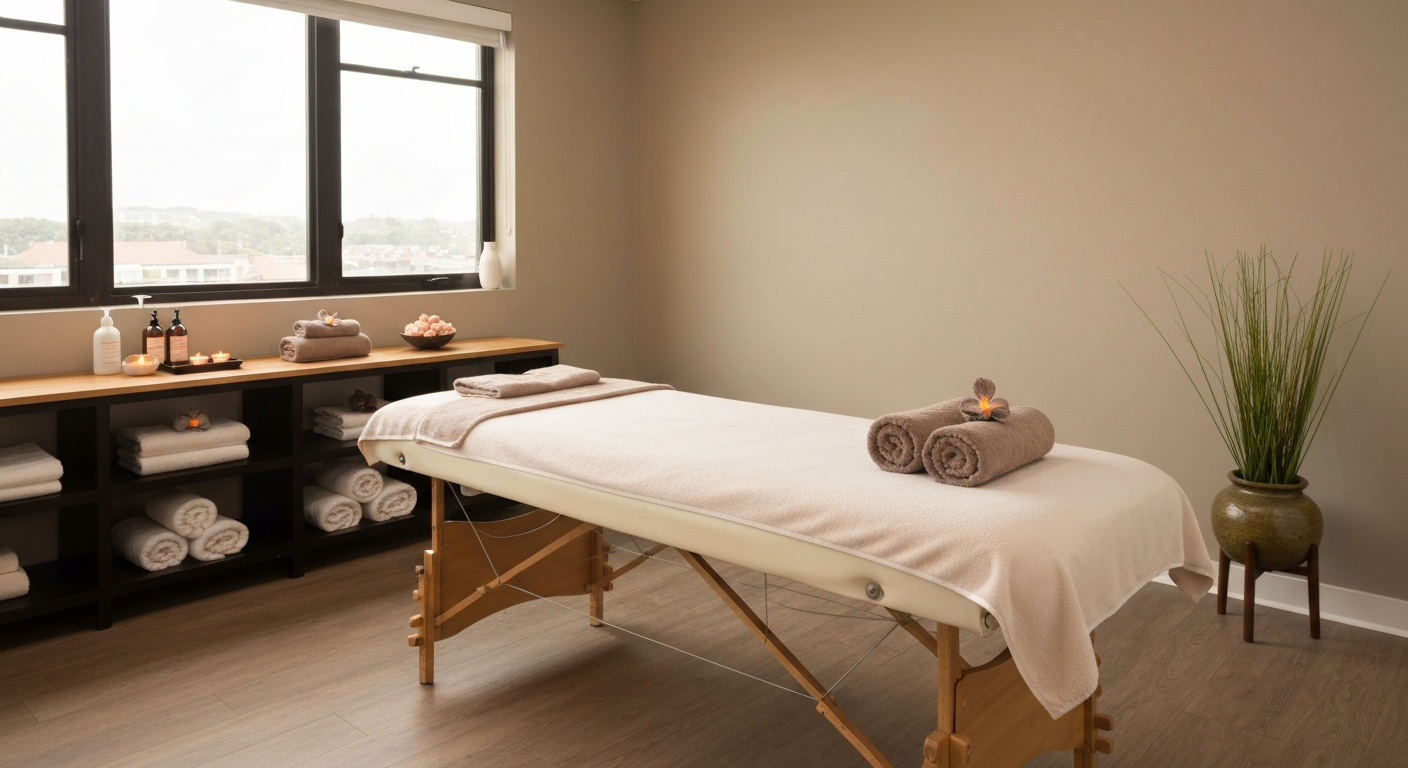 Professional massage therapy room with massage table and serene spa decor