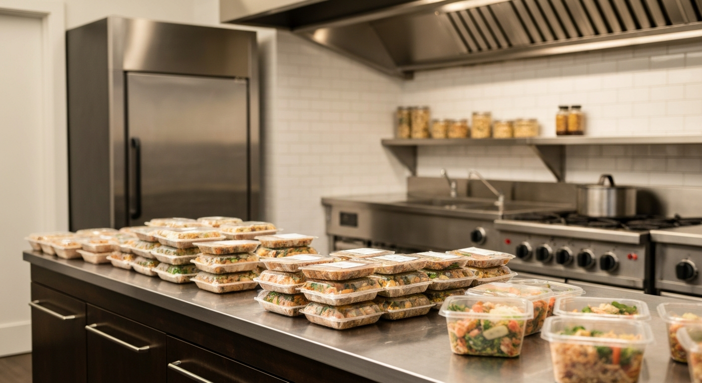 Commercial kitchen meal prep station with packaged meals for a Virginia ghost kitchen business
