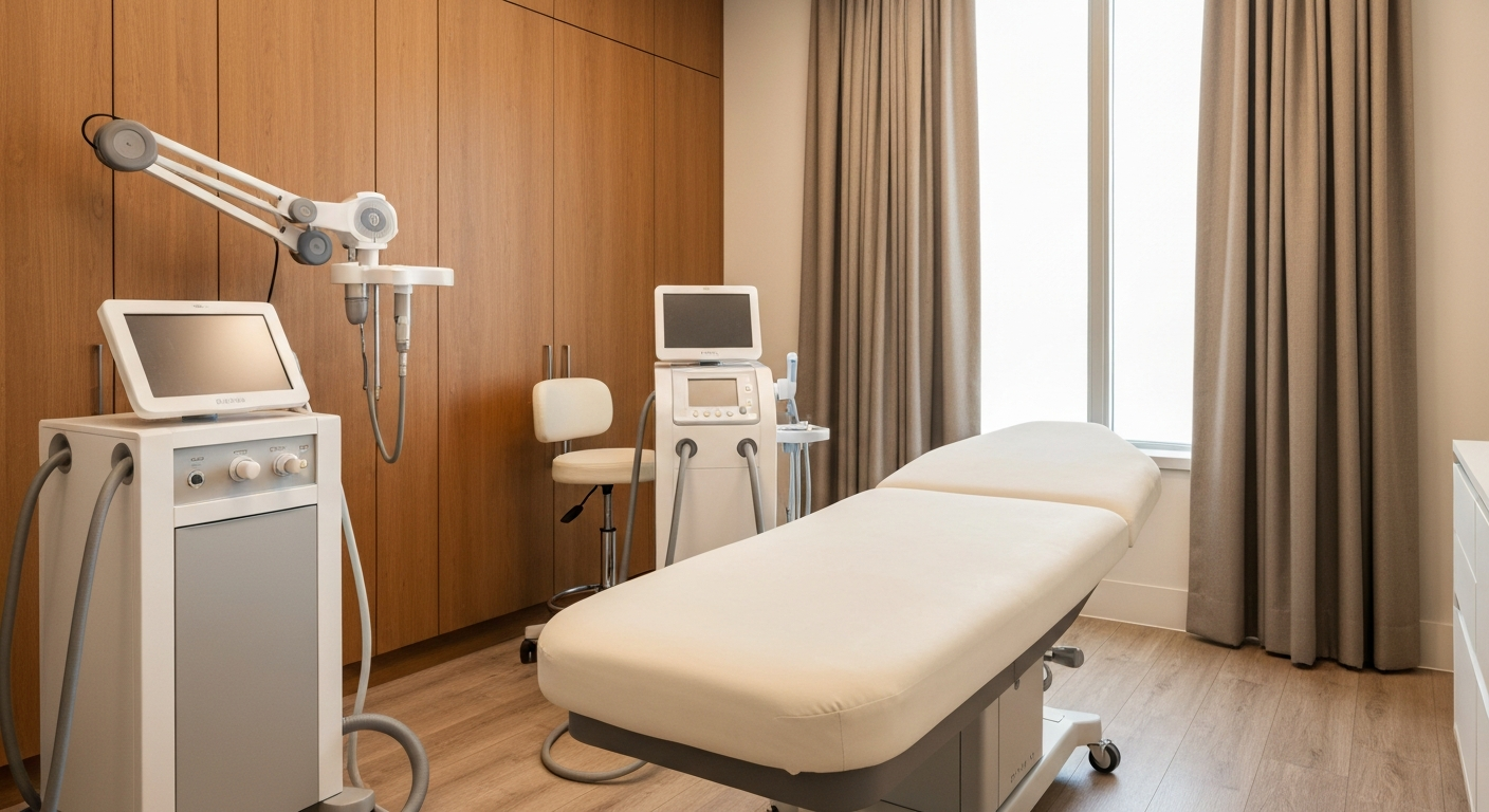 Modern medical spa treatment room with laser equipment and clinical design