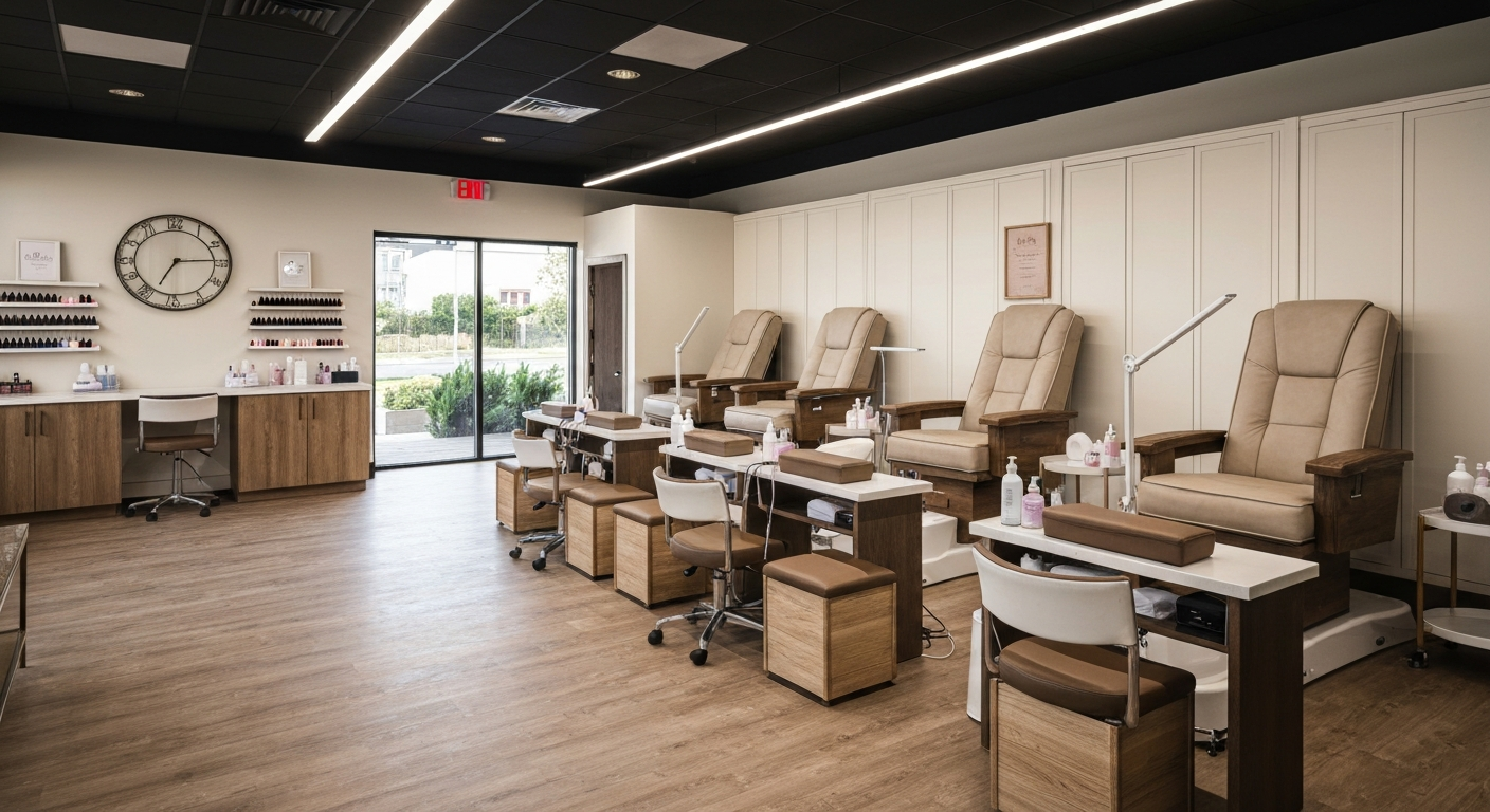 Modern nail salon interior with manicure stations and pedicure chairs