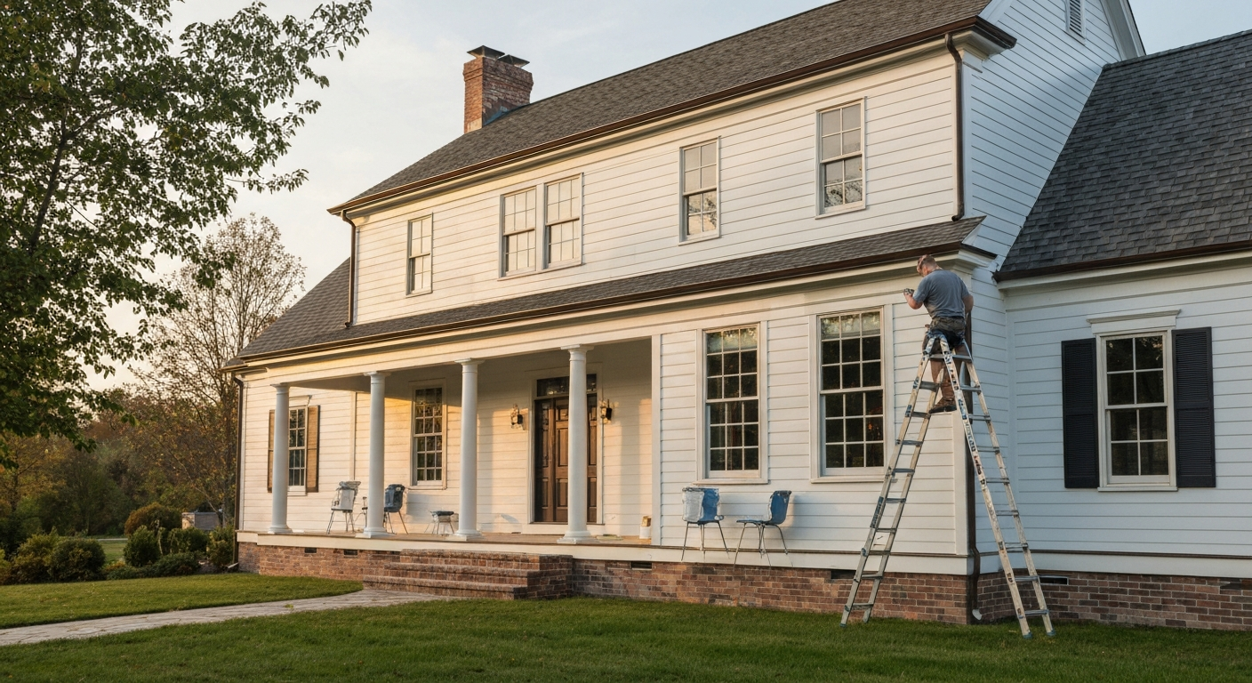 Exterior house painting in progress on a Virginia colonial home