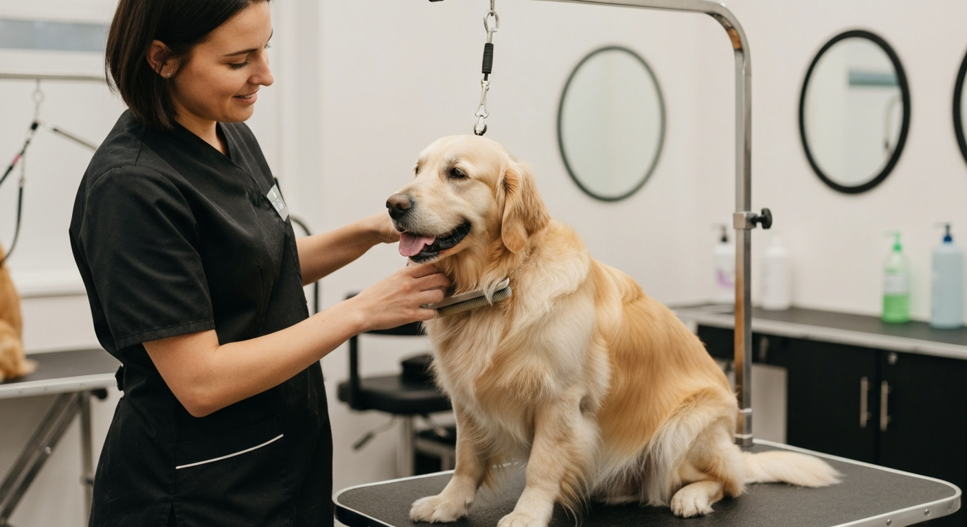 Pet groomer brushing a golden retriever in a grooming salon — how to start a pet grooming business in Virginia