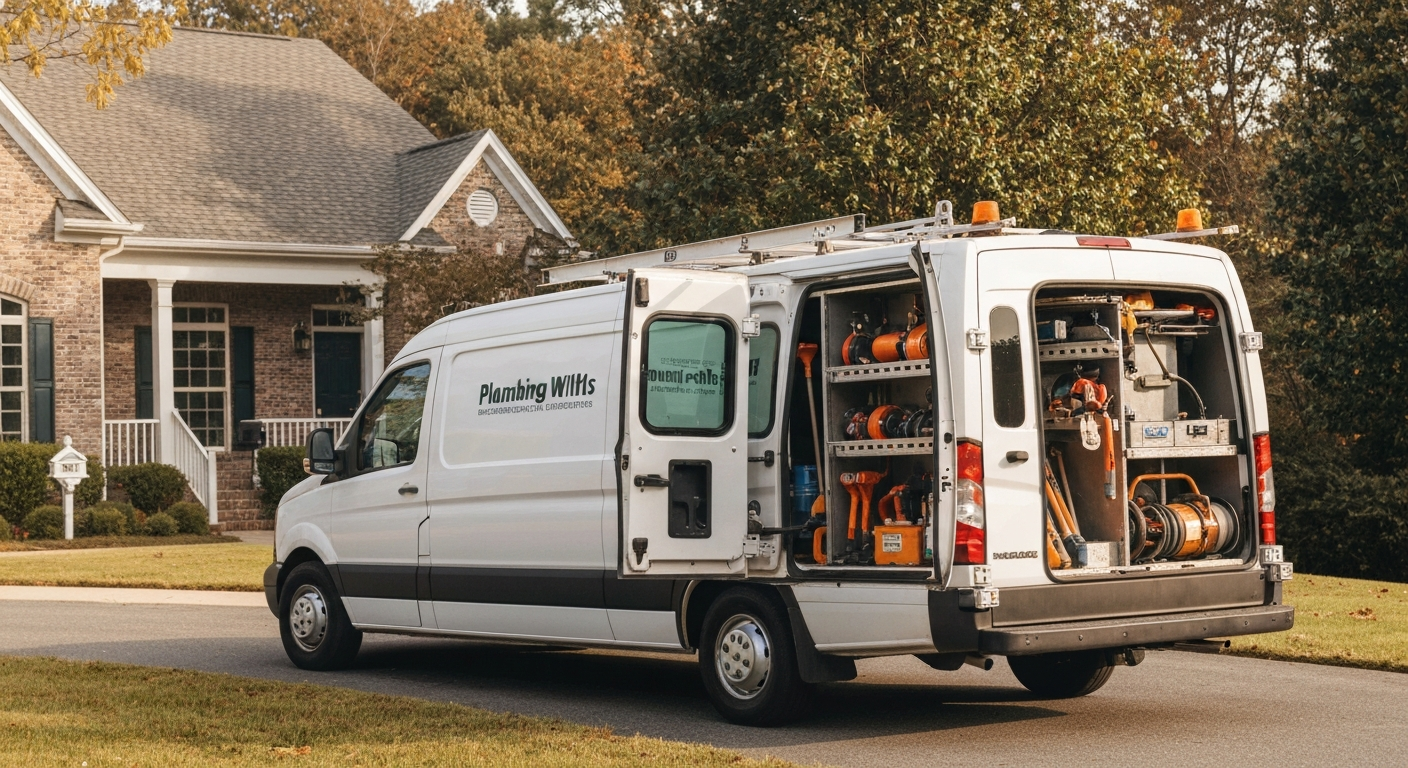 Professional plumbing service van with tools at a Virginia residential home