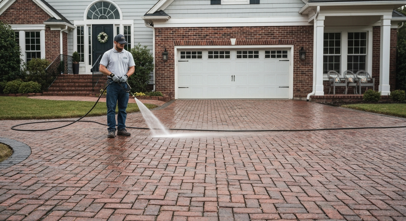 Pressure washing a brick driveway at a Virginia home — how to start a pressure washing business in Virginia