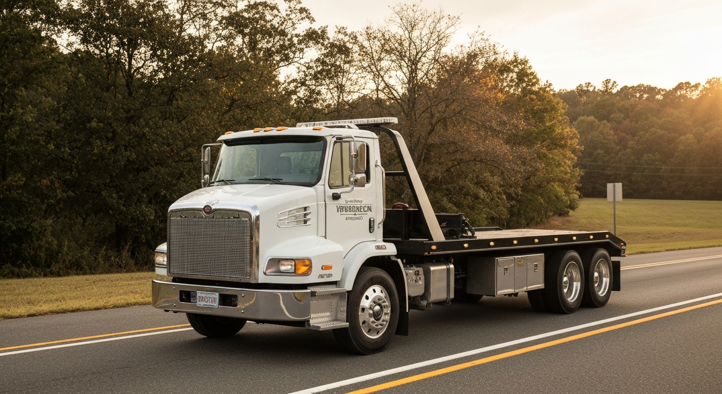 Professional flatbed tow truck on a Virginia road