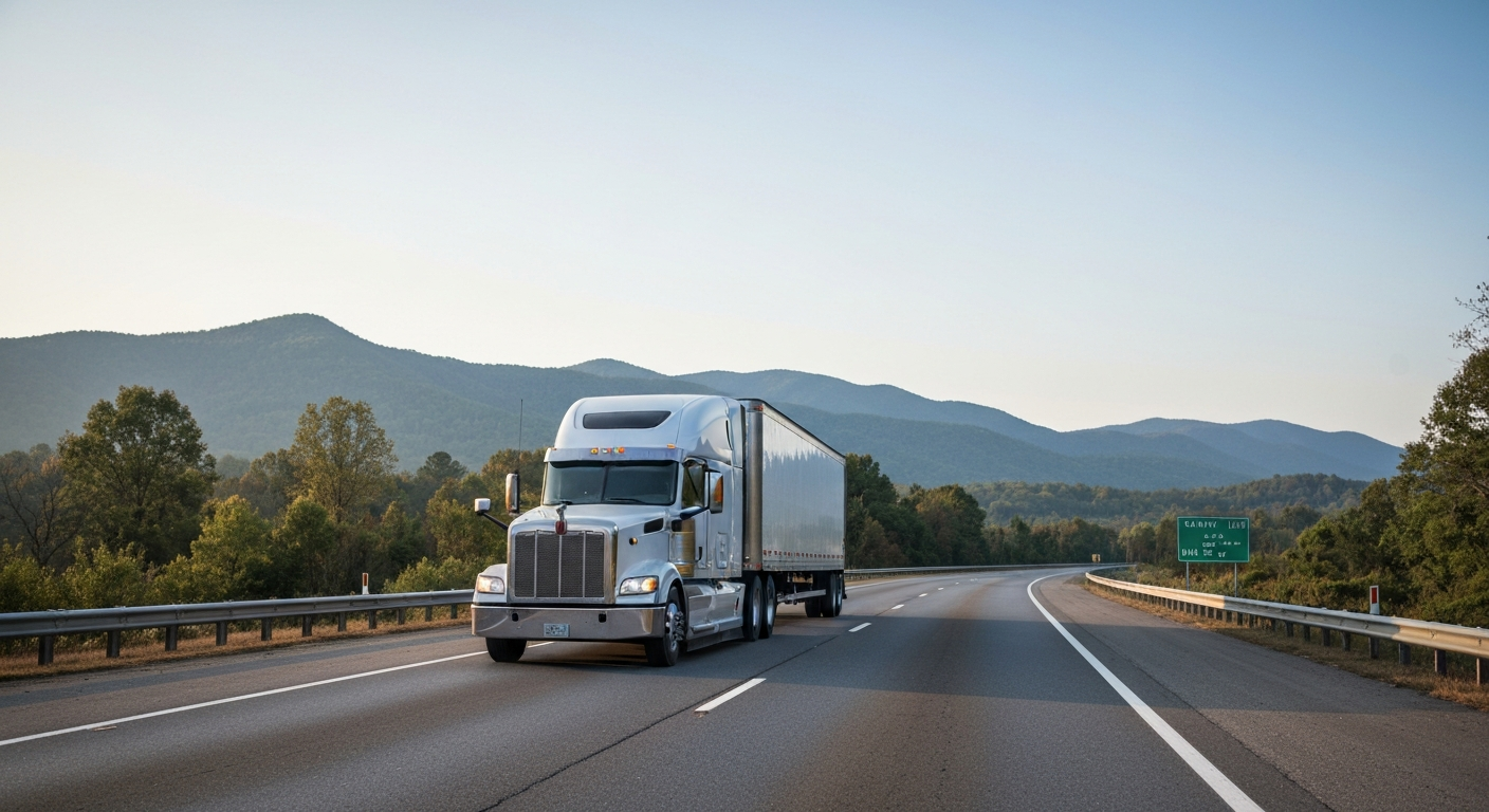 Semi truck on a Virginia highway with Blue Ridge Mountains in background
