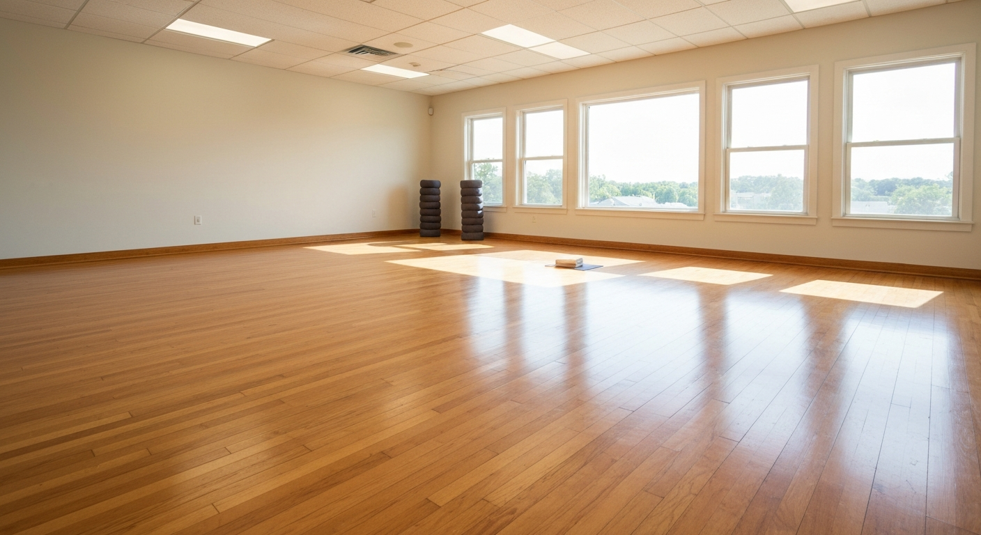 Bright yoga studio with hardwood floors and natural light in Virginia