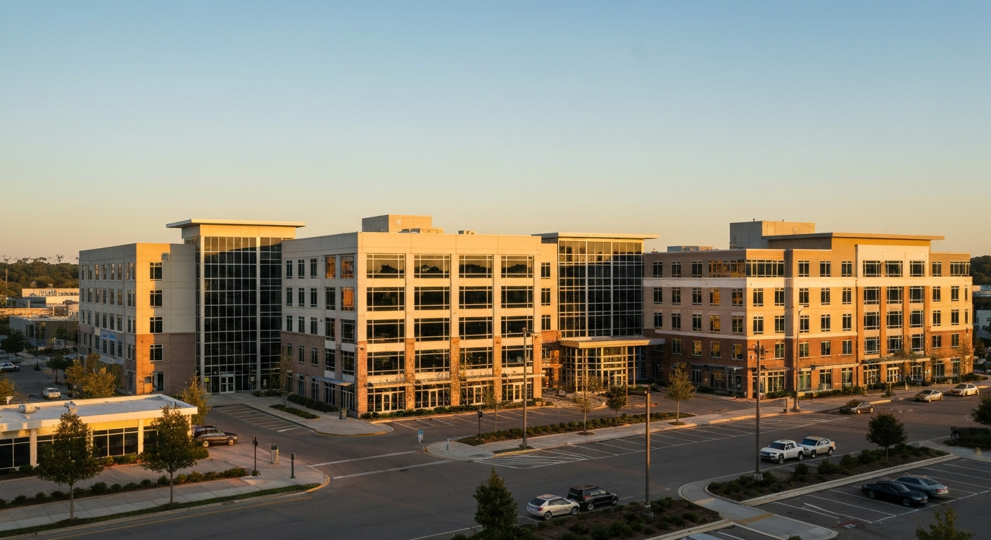 Virginia Beach Town Center business district at golden hour showing modern office buildings where many small businesses operate