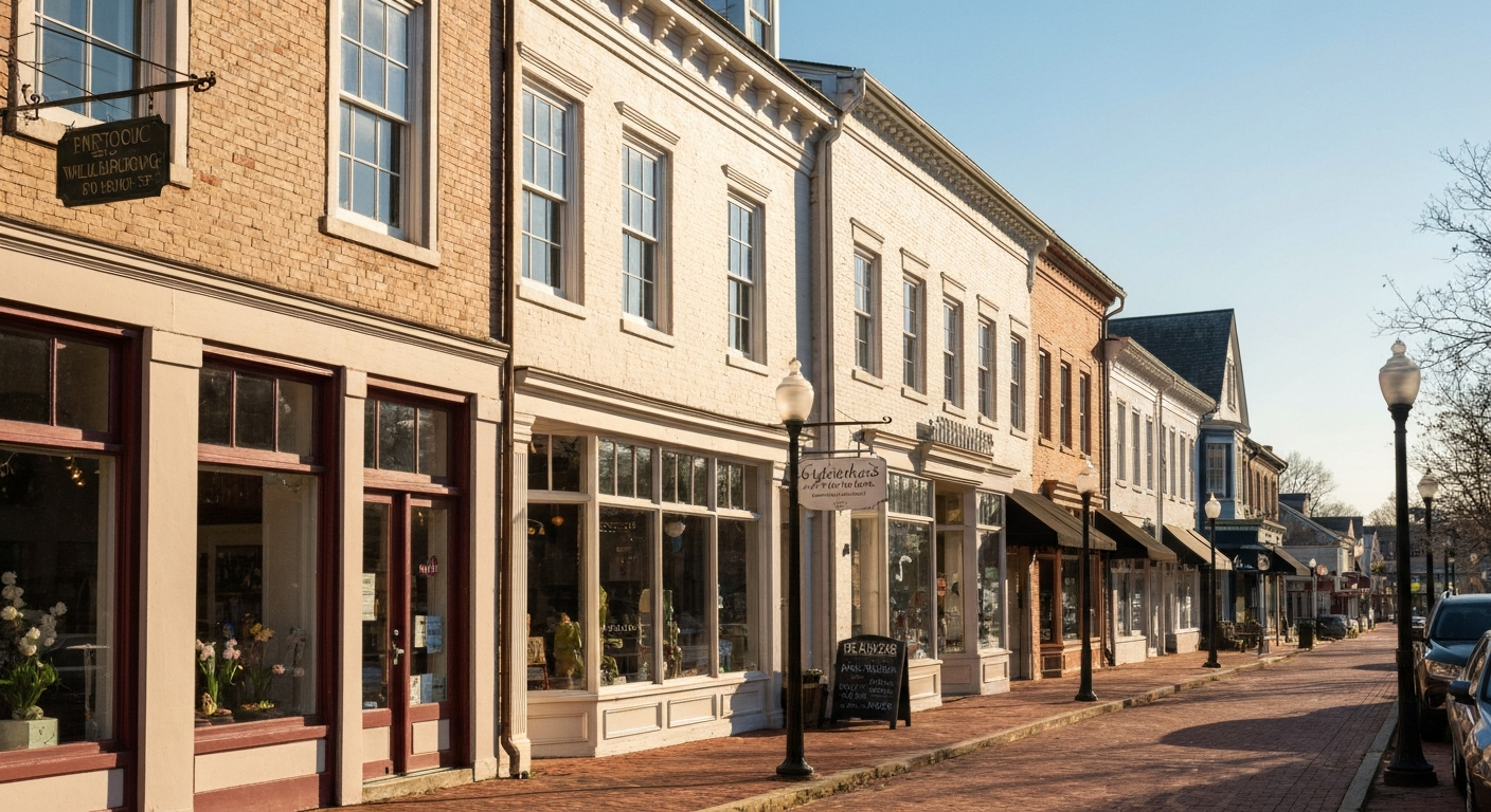 Historic downtown Williamsburg Virginia commercial district where small businesses serve residents and millions of annual tourists