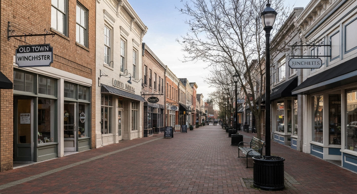 Old Town Winchester Virginia pedestrian mall showing the historic commercial district and small businesses in the northern Shenandoah Valley